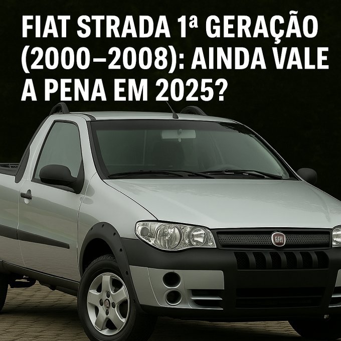 Imagem quadrada com texto destacando Fiat Strada 1ª geração (2000–2008): ainda vale a pena em 2025? Picape prata ao fundo.
