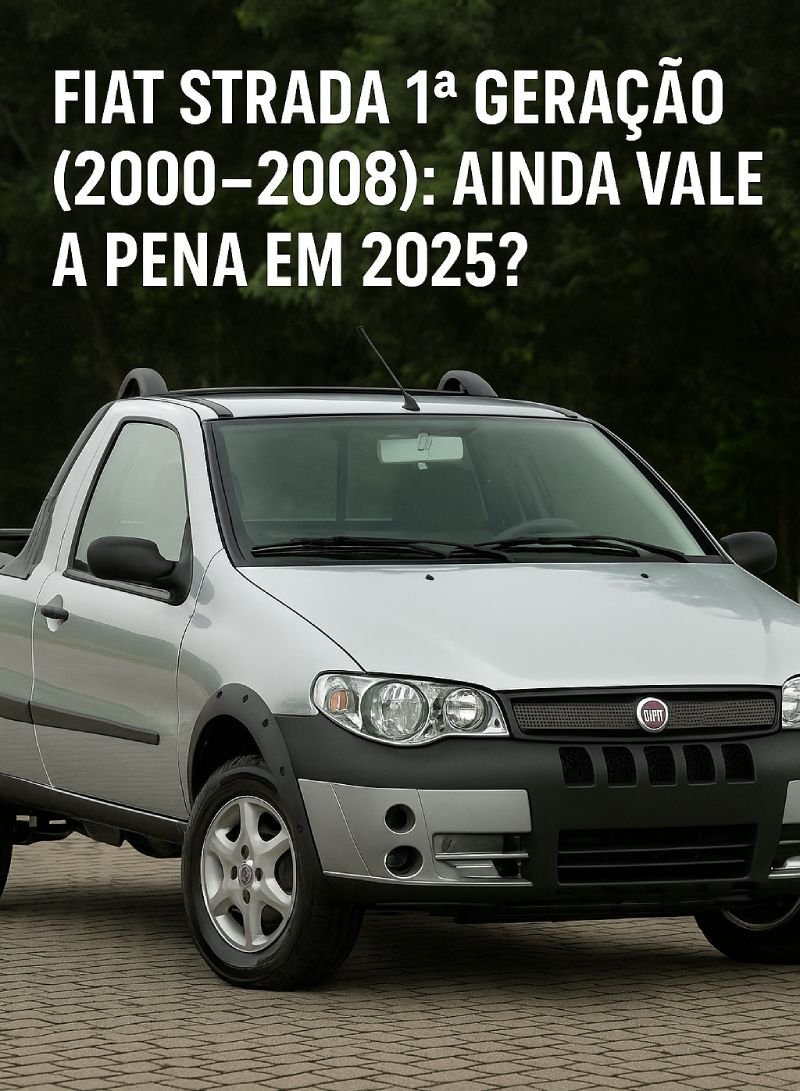 Fiat Strada 1ª geração (2000 a 2008) prata, versão cabine simples, estacionada com fundo arborizado. Avaliação de uso em 2025.