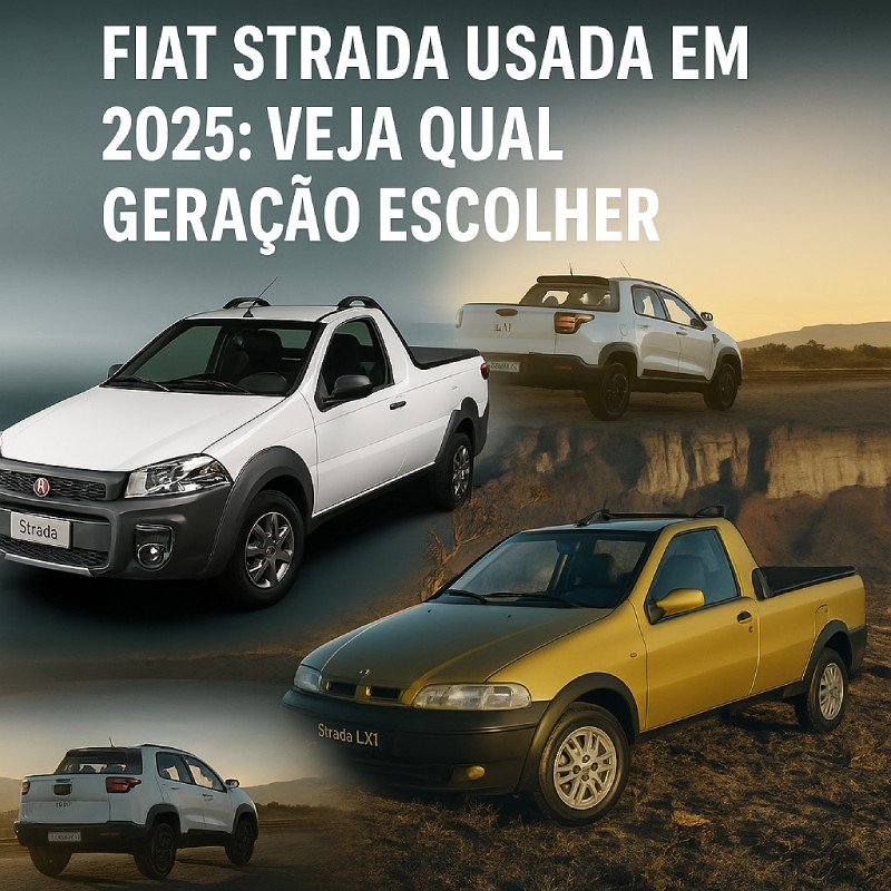 Comparativo visual das gerações da Fiat Strada com destaque para versões 1ª, 2ª e nova geração até 2025.