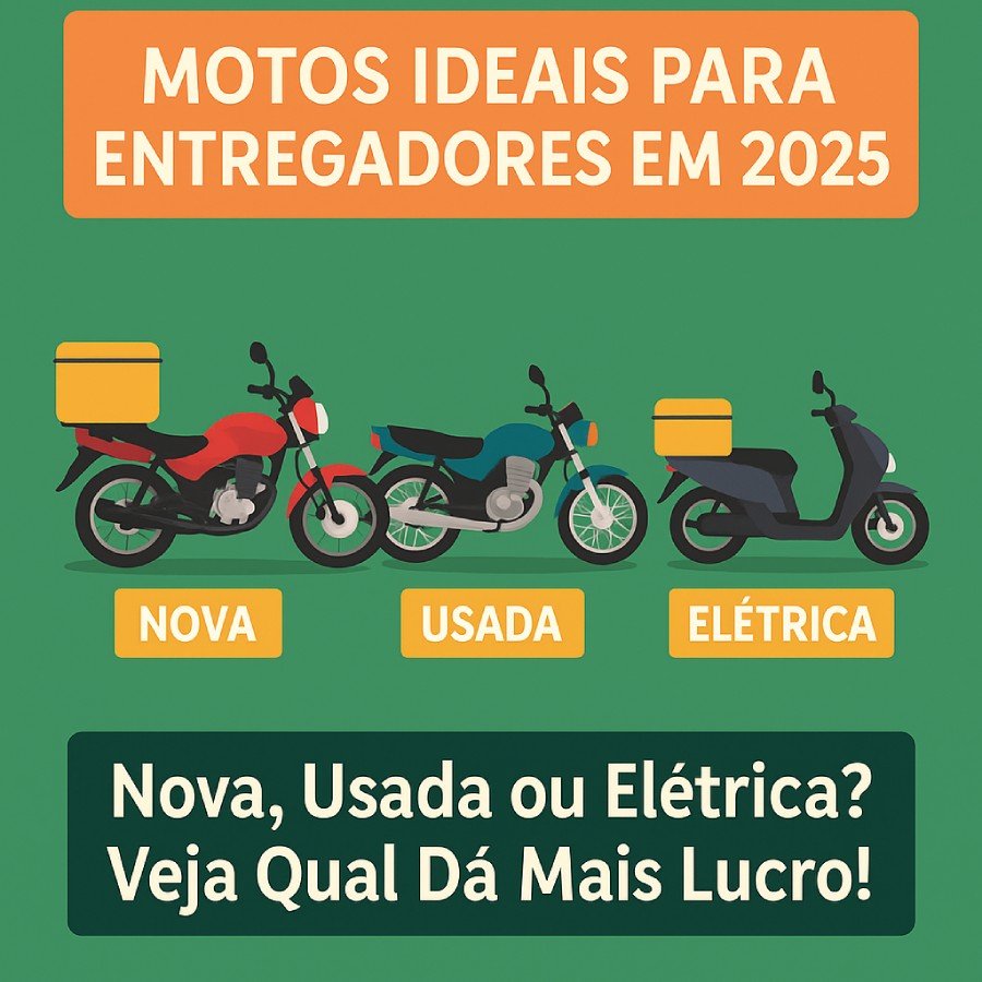 Comparativo visual entre motos novas, usadas e elétricas ideais para entregadores de app em 2025.