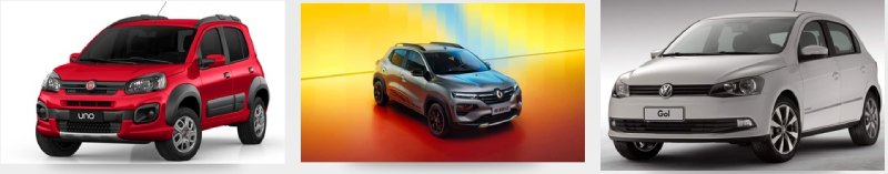 Top 3 carros 1.0 para entregas: Fiat Uno, Renault Kwid e Volkswagen Gol (5 portas)