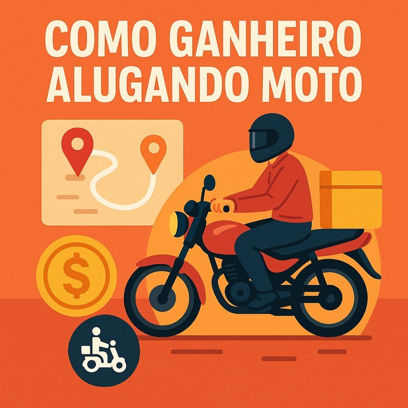 Motociclista com mochila de entregas, ícone de mapa e moeda representando renda com aluguel de moto