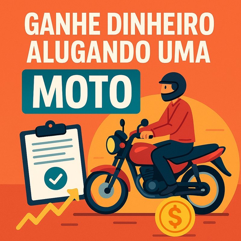 Homem pilotando moto com ícones de dinheiro e checklist, simbolizando aluguel de motos para trabalhar