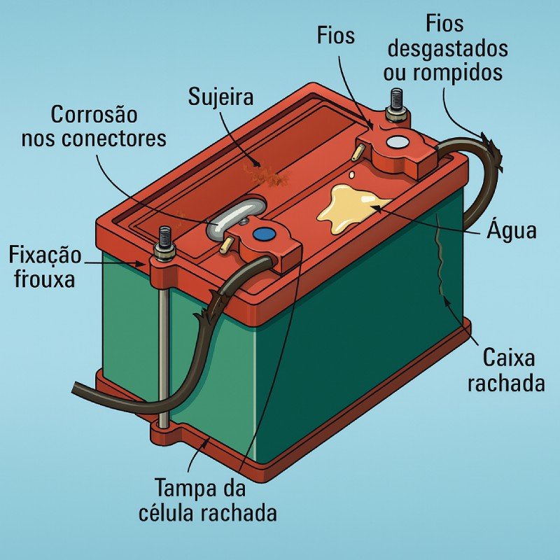 Desenho técnico mostrando problemas em bateria de carro: fios rompidos, sujeira, corrosão e rachaduras