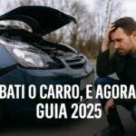 Carro moderno batido na dianteira em rua urbana, motorista registrando fotos com celular – capa do guia Bati o Carro e Agora 2025