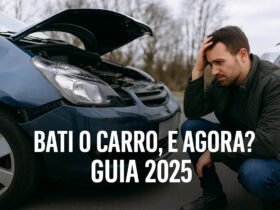 Carro moderno batido na dianteira em rua urbana, motorista registrando fotos com celular – capa do guia Bati o Carro e Agora 2025