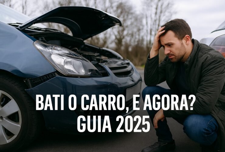 Carro moderno batido na dianteira em rua urbana, motorista registrando fotos com celular – capa do guia Bati o Carro e Agora 2025