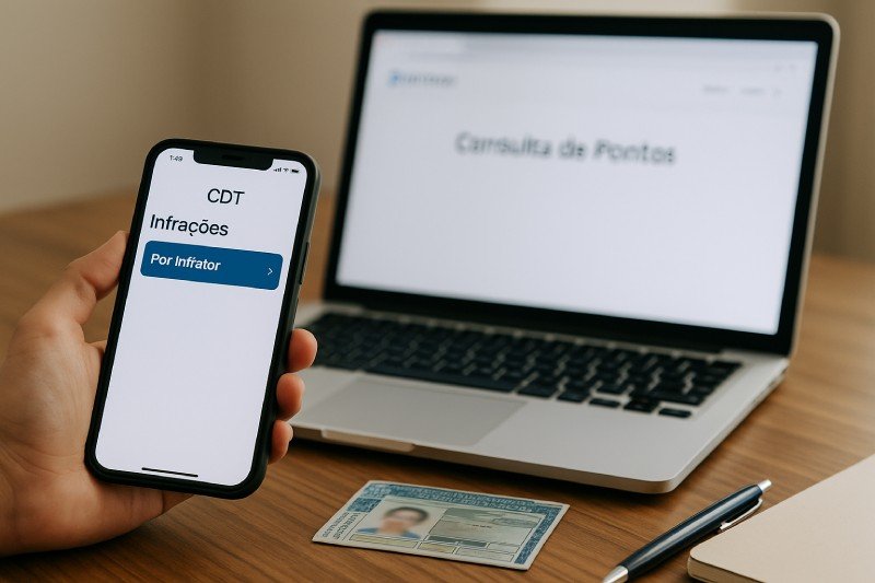 Consulta de pontos da CNH: app CDT em 'Infrações > Por Infrator' no celular e site do DETRAN aberto no notebook