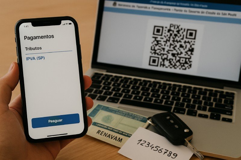 Pagamento do IPVA SP no app do banco com opção IPVA (SP) e QR Code PIX oficial; RENAVAM em destaque