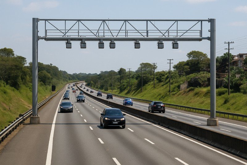 Carros passando por pórtico eletrônico de pedágio free flow em rodovia paulista