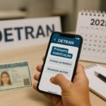 Primeira habilitação 2025: estudante na autoescola com app do DETRAN, CNH e calendário sobre a mesa.