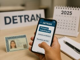 Primeira habilitação 2025: estudante na autoescola com app do DETRAN, CNH e calendário sobre a mesa.