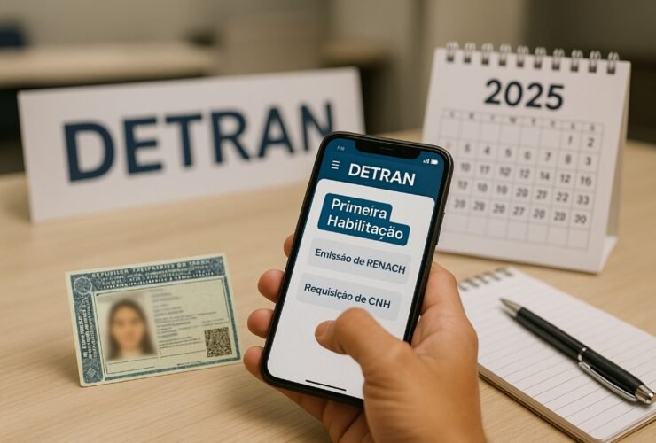 Primeira habilitação 2025: estudante na autoescola com app do DETRAN, CNH e calendário sobre a mesa.