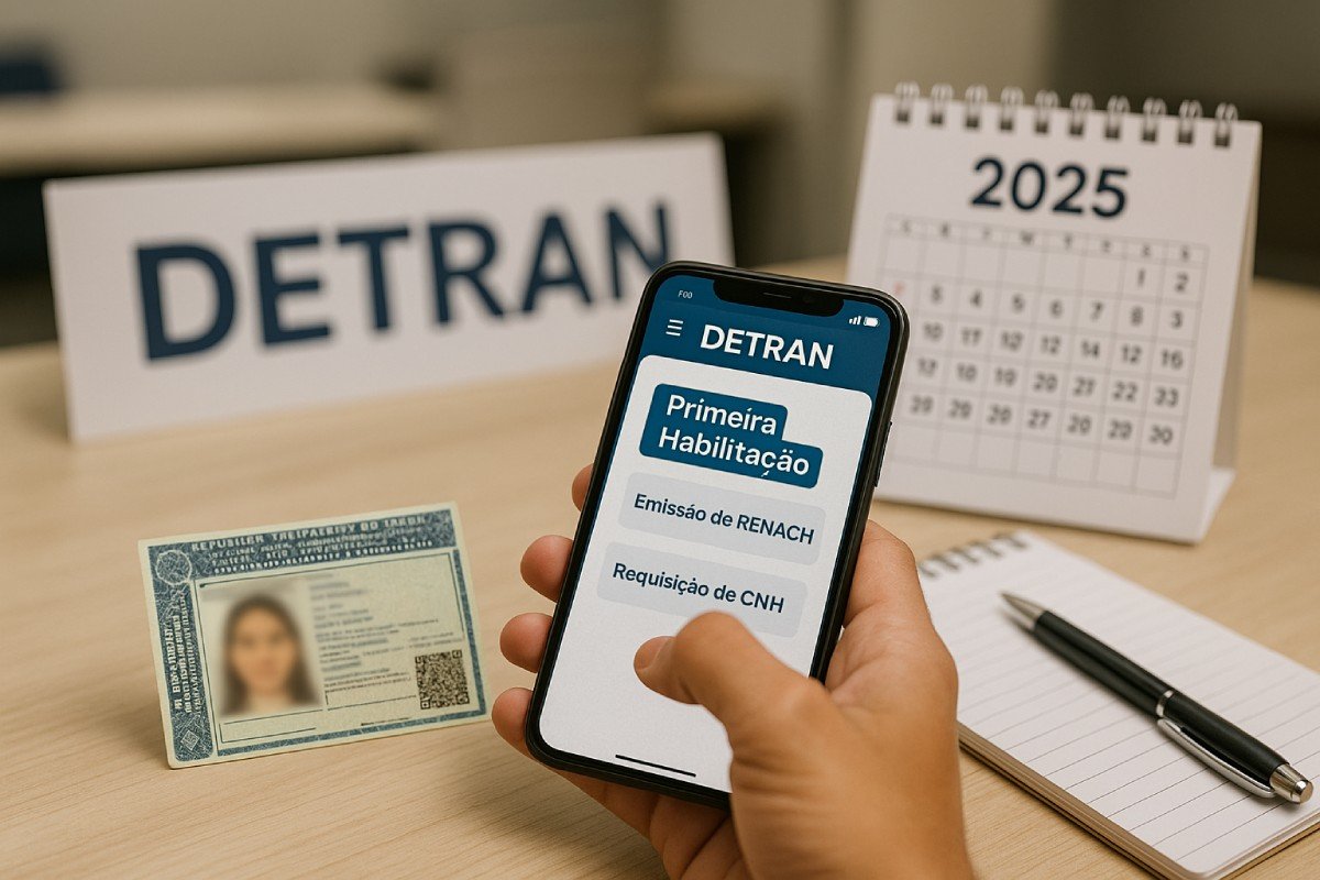 Primeira habilitação 2025: estudante na autoescola com material de estudo, celular com app do DETRAN e calendário