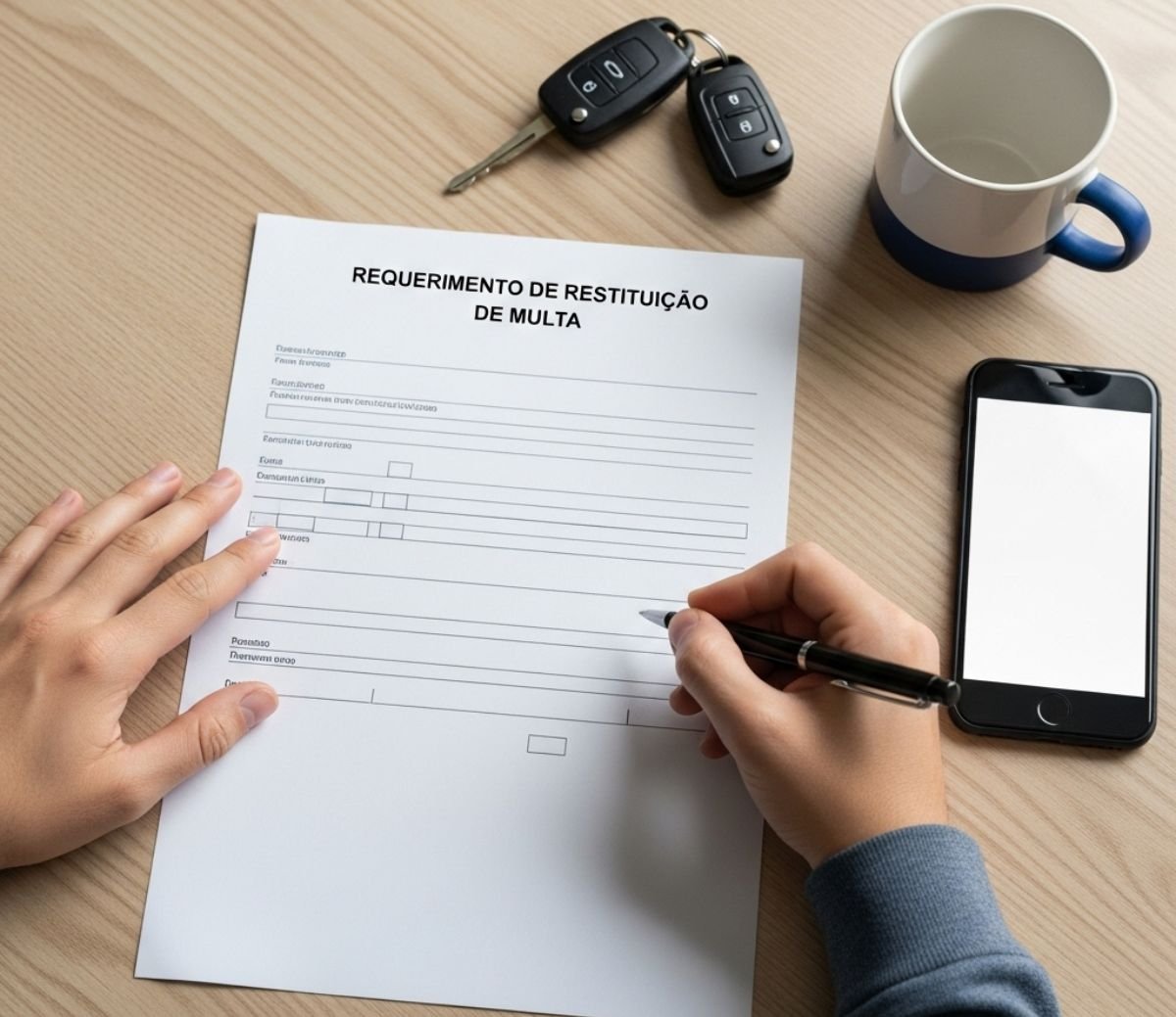Mão preenchendo formulário de requerimento de restituição de multa ao lado de celular e chaves do carro