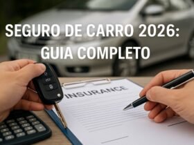 Imagem realista de contrato de seguro de carro, chaves, dinheiro e calculadora — guia completo do seguro de carro 2026.
