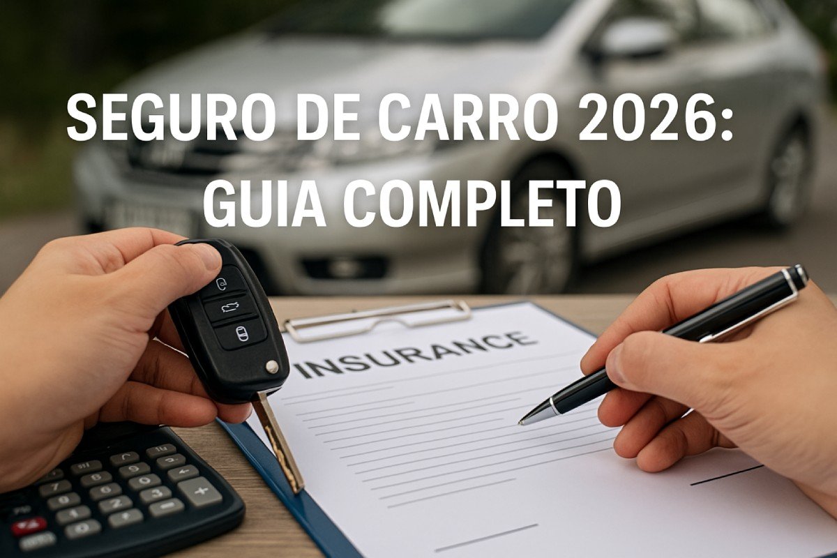 Capa do guia de seguro de carro 2026 com carro moderno e elementos de proteção financeira