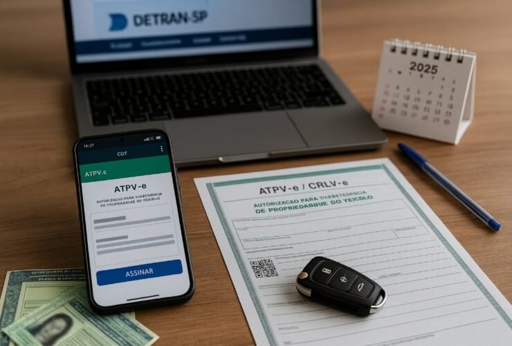 Transferência de veículo 2025: ATPV-e no app CDT, cartório e calendário; guia com documentos, custos e prazos.