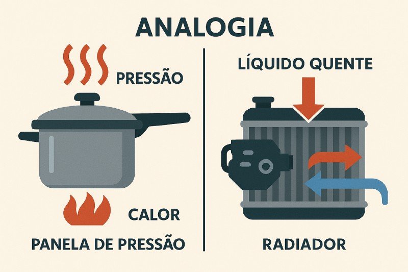 Diagrama comparando panela de pressão soltando vapor e reservatório do radiador liberando pressão