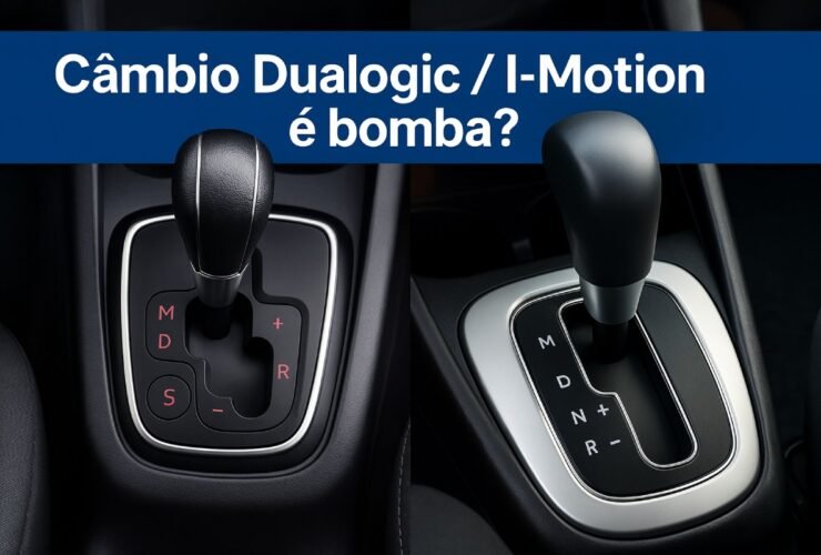 Alavancas dos câmbios Dualogic (Fiat) e I-Motion (VW) lado a lado no console central, vistas de cima.