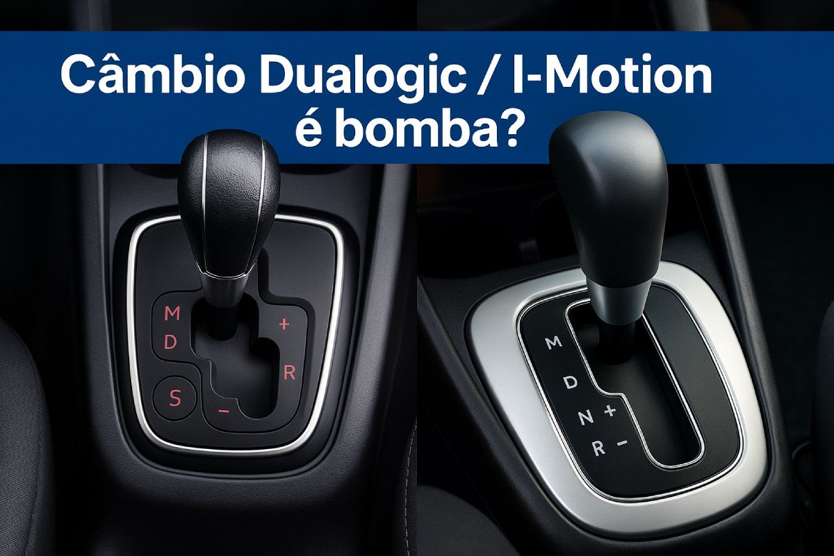 Alavancas dos câmbios Dualogic (Fiat) e I-Motion (VW) lado a lado no console central, vistas de cima.