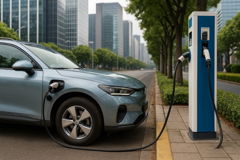 Carro elétrico em ponto de recarga em São Paulo, estado com isenção de IPVA 2025