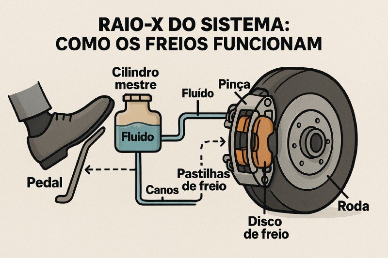 Diagrama do sistema de freio a disco com pedal, cilindro mestre, fluido, pinça, pastilhas e disco