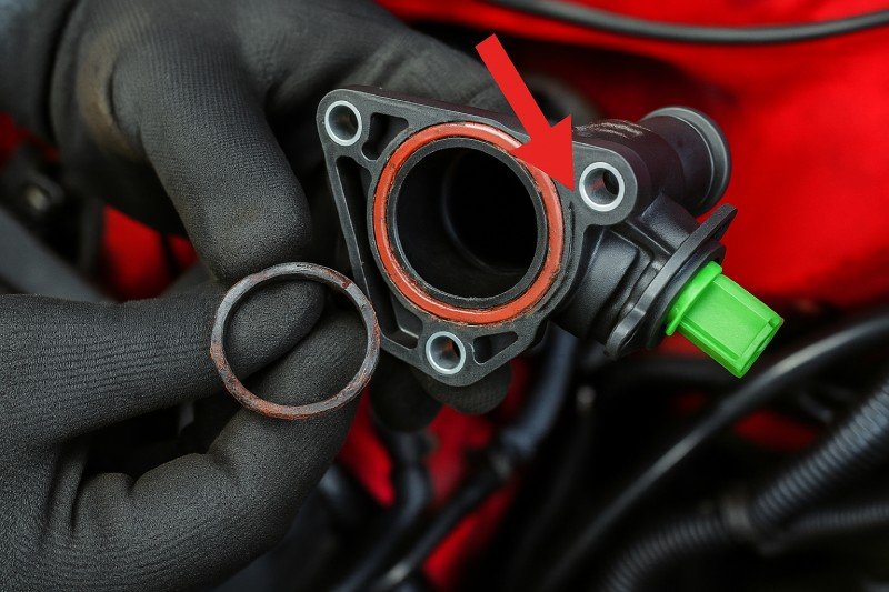 Carcaça da válvula termostática do motor EA111 com marca de vazamento de aditivo