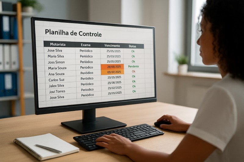 Gestor controlando prazos de exame toxicológico de motoristas em planilha de frota