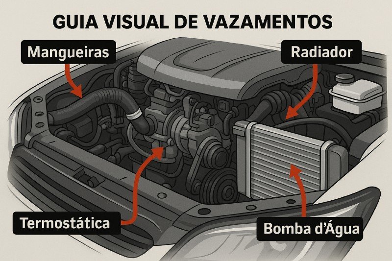 Foto do cofre do motor com setas indicando mangueiras, radiador, válvula termostática e bomba d’água