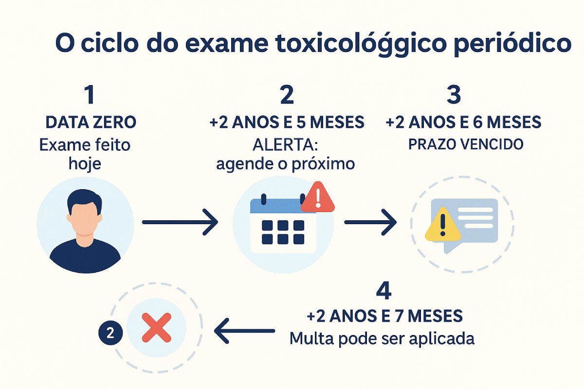 Infográfico do ciclo do exame toxicológico periódico: Data Zero, +2 anos e 5 meses (alerta), +2 anos e 6 meses (prazo vencido), +2 anos e 7 meses (multa pode ser aplicada)