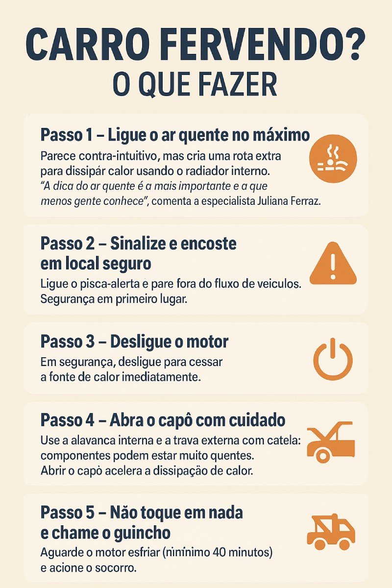 Infográfico: ar quente ligado, encostar em segurança, desligar motor, abrir capô com cuidado e chamar guincho