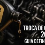 Capa do guia definitivo de troca de óleo 2025 mostrando frasco 5W-30 sintético com motor ao fundo