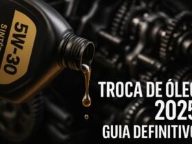 Capa do guia definitivo de troca de óleo 2025 mostrando frasco 5W-30 sintético com motor ao fundo