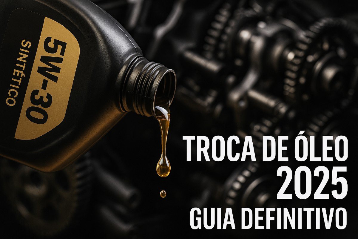Capa do guia definitivo de troca de óleo 2025 mostrando frasco 5W-30 sintético com motor ao fundo