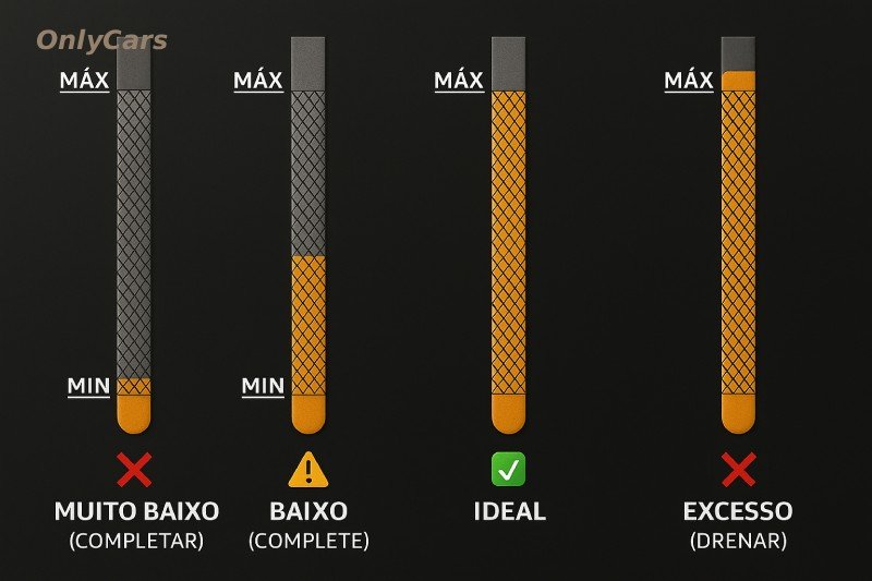 Comparação de vareta de óleo: nível correto e cor normal ao lado de vareta com nível baixo