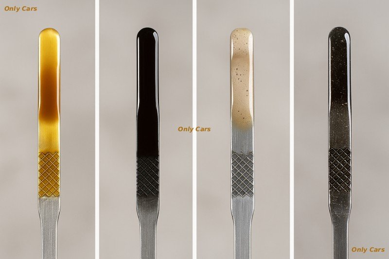 Guia visual da vareta de óleo — cores e alertas Comparativo na vareta: óleo âmbar novo, preto normal, café com leite por água e brilho metálico por desgaste