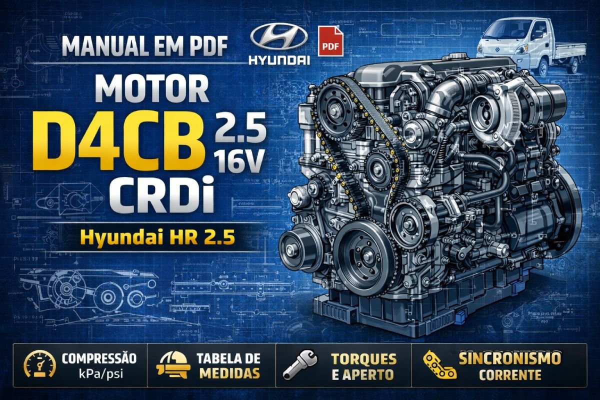 Manual do motor D4CB 2.5 16V CRDi do Hyundai HR em PDF: tabela de medidas, torques e sincronismo da corrente