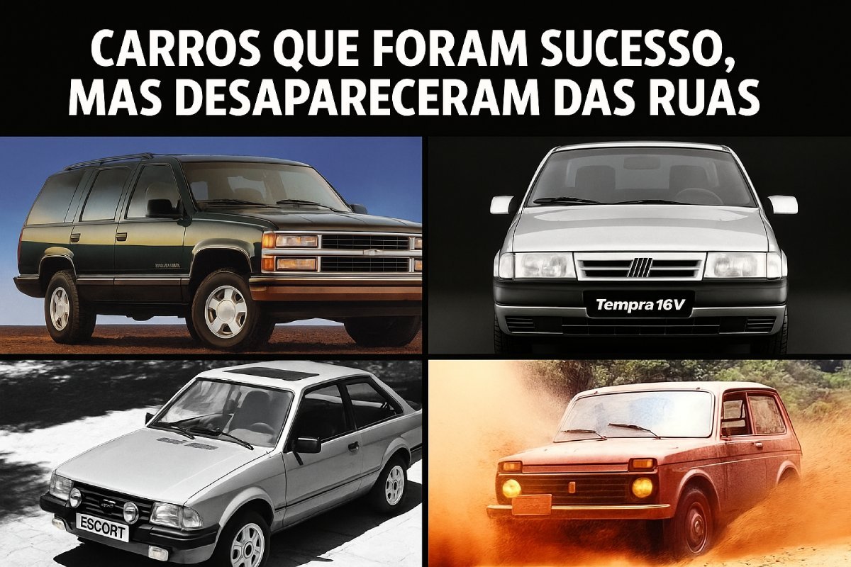 Carros que foram sucesso mas desapareceram das ruas – montagem com Fiat Tempra, Chevrolet Grand Blazer, Ford Escort XR3 e Lada Niva