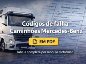 Capa ilustrada com caminhão Mercedes-Benz e destaque para a tabela de códigos de falha em PDF para diagnóstico eletrônico