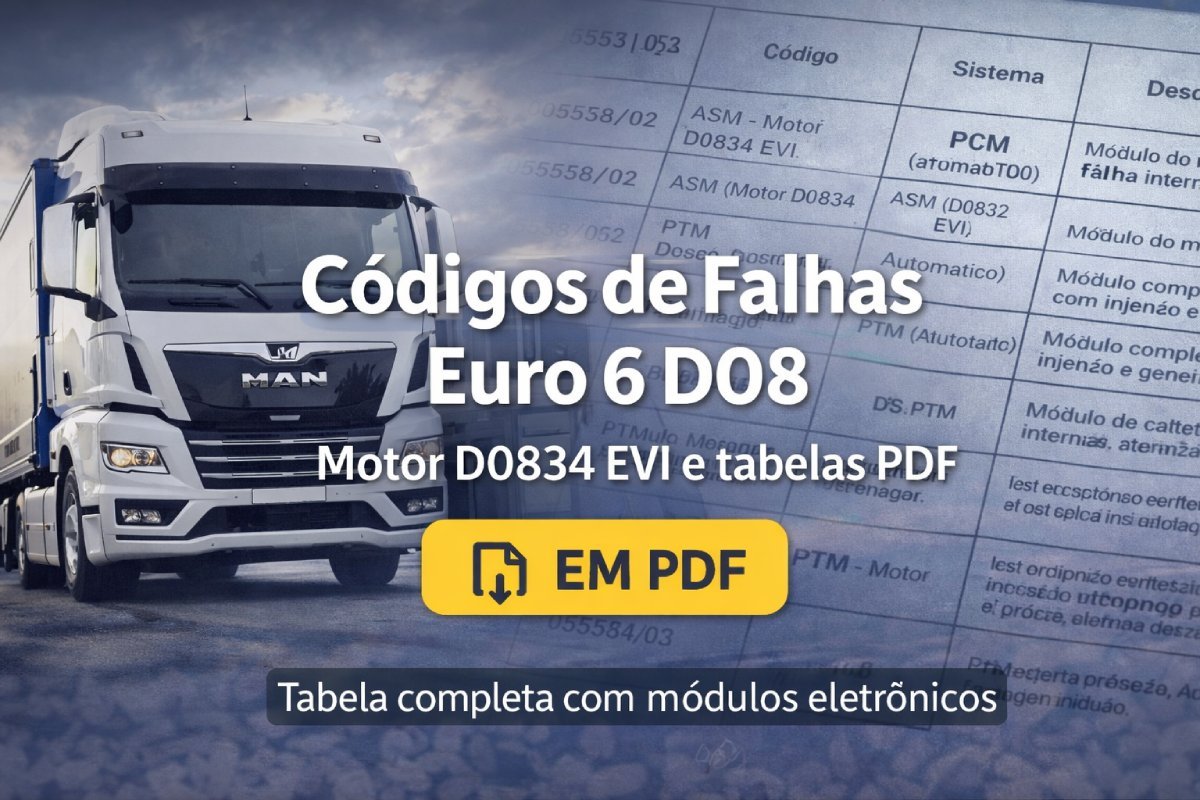 Capa com caminhão Euro 6 e tabela de códigos de falhas D08 em PDF para o motor D0834 EVI e módulos eletrônicos