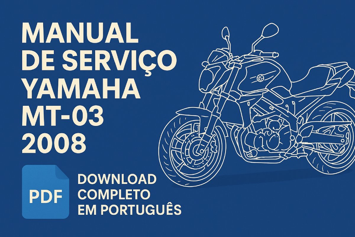 Capa azul com ilustração da Yamaha MT-03 2008 e texto manual de serviço em PDF para download completo em português