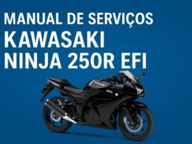 Capa azul com a Kawasaki Ninja 250R EFI em destaque e o texto manual de serviços em PDF para download completo em português