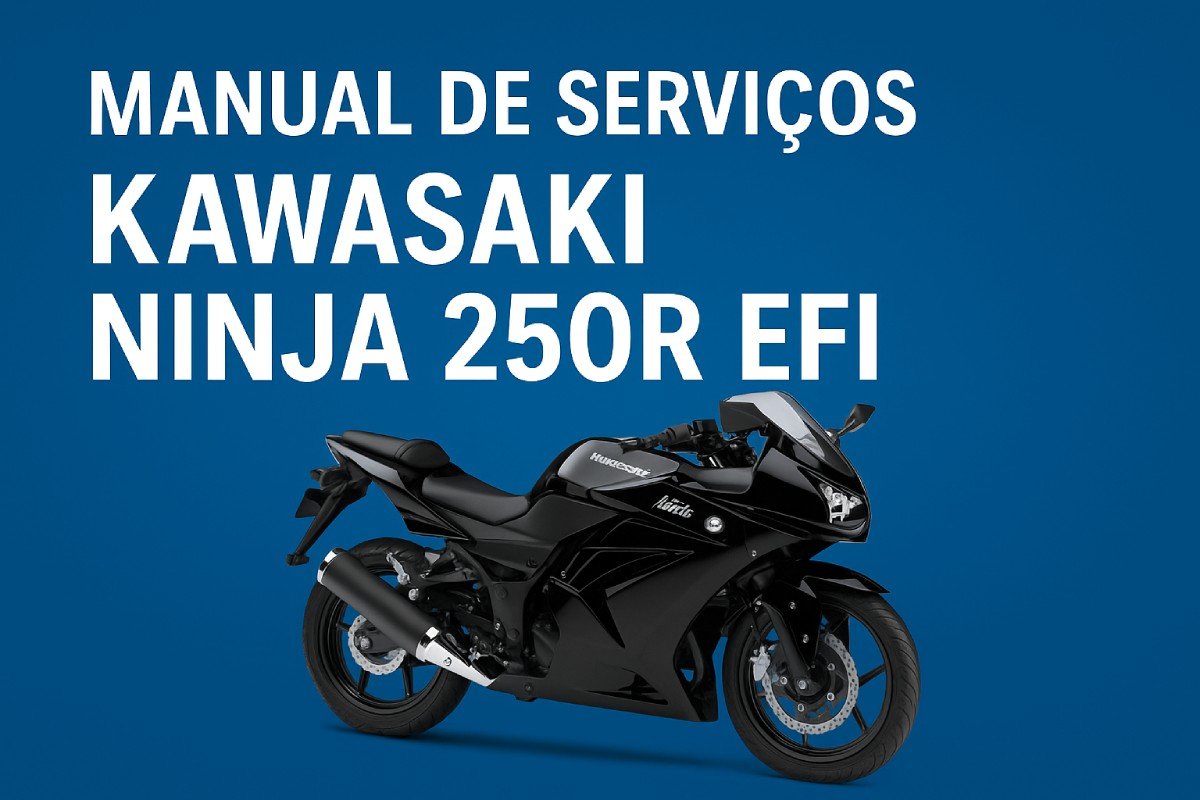 Capa azul com a Kawasaki Ninja 250R EFI em destaque e o texto manual de serviços em PDF para download completo em português