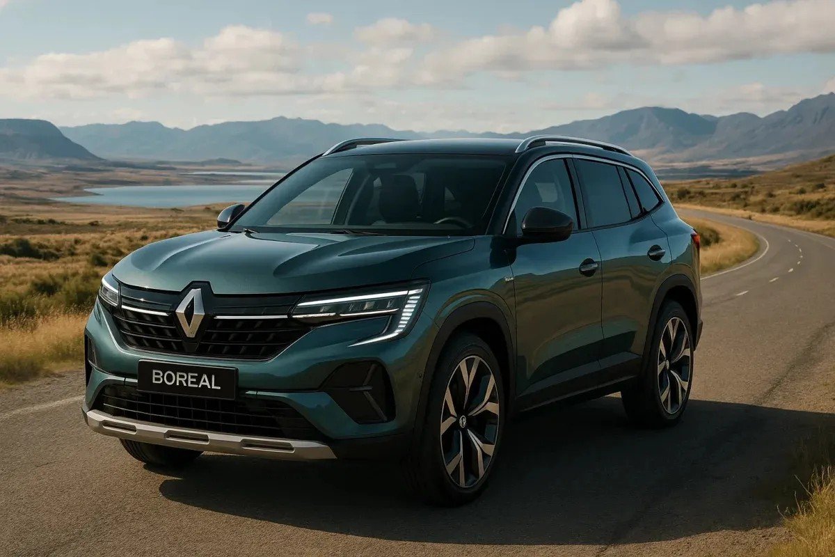 Novo Renault Boreal 2026 azul visto de frente e lateral, SUV médio com motor 1.3 turbo