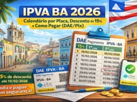 Imagem de capa do guia completo do IPVA BA 2026, com calendário oficial por final de placa, descontos de 15% e 8%, parcelamento em 5 cotas, isenções e orientações de pagamento seguro via SEFAZ-BA.