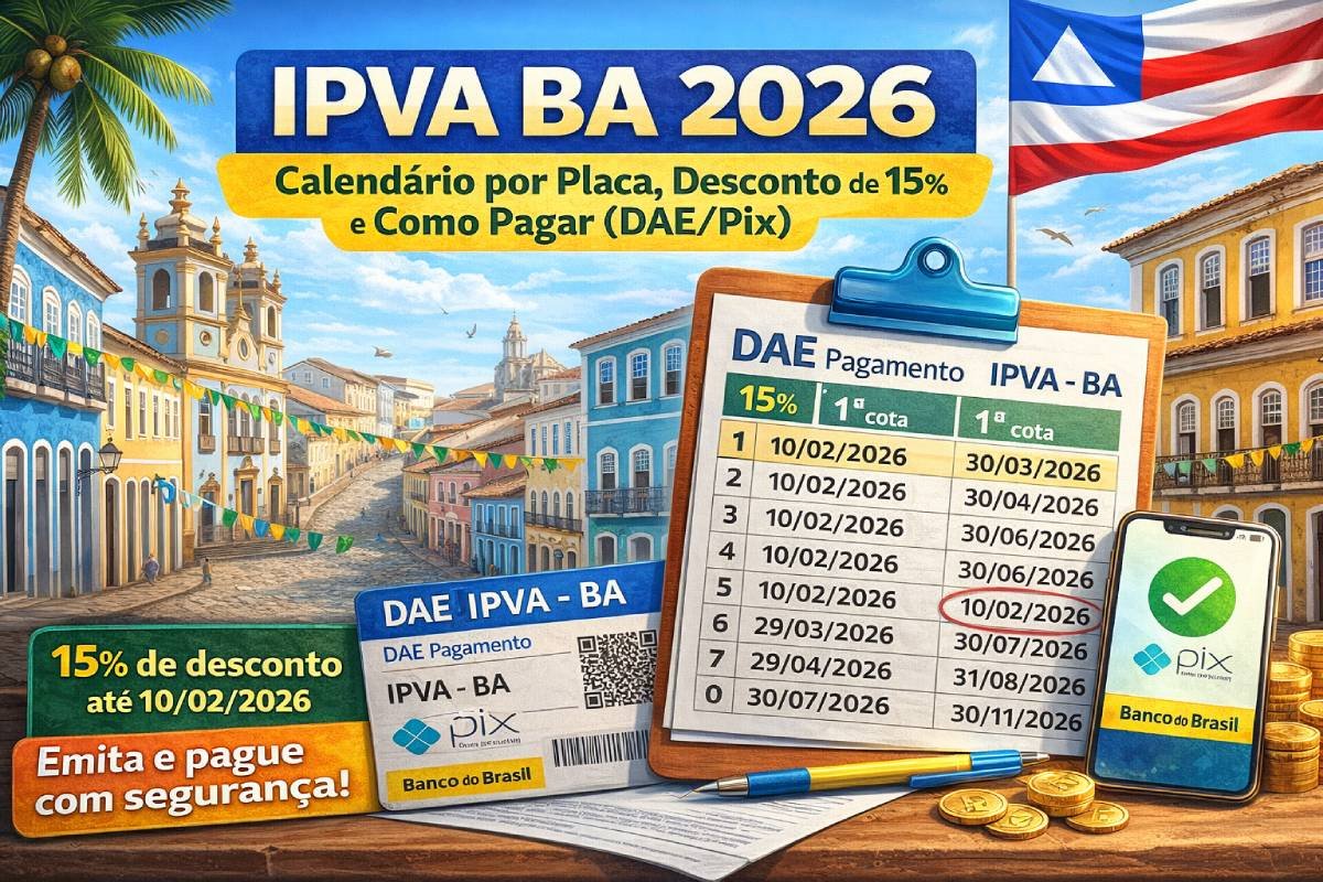 Imagem de capa do guia completo do IPVA BA 2026, com calendário oficial por final de placa, descontos de 15% e 8%, parcelamento em 5 cotas, isenções e orientações de pagamento seguro via SEFAZ-BA.