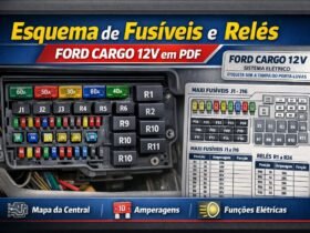 Esquema de fusíveis e relés do Ford Cargo 12V com posições e aplicações da central elétrica