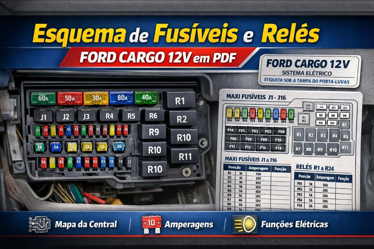 Esquema de fusíveis e relés do Ford Cargo 12V com posições e aplicações da central elétrica