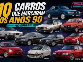Montagem com carros que marcaram os anos 90 no Brasil, incluindo Gol GTi, Uno Mille, Omega, Santana, Escort XR3, Kadett GSi, Corsa, Ford Ka, Twingo e Tempra Turbo